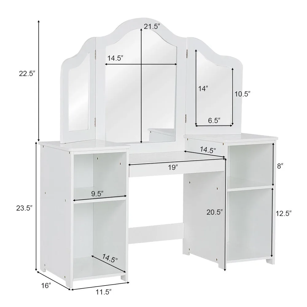 Детска тоалетка с тройно сгъваемо огледало и 4 отделения за съхранение, бяла, снимка 5
