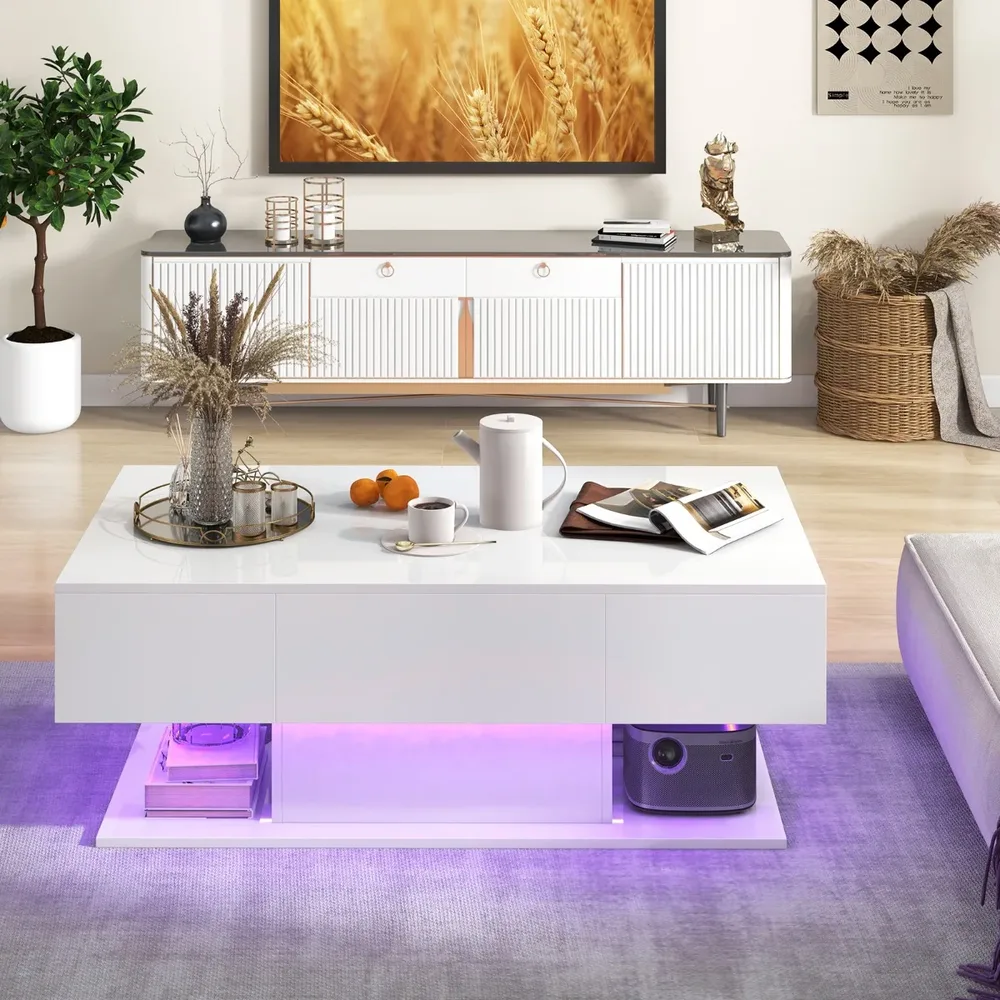 Холна маса с висок гланц и LED осветление в 20 цвята, 110 × 60 × 40 см, бяла, снимка 2