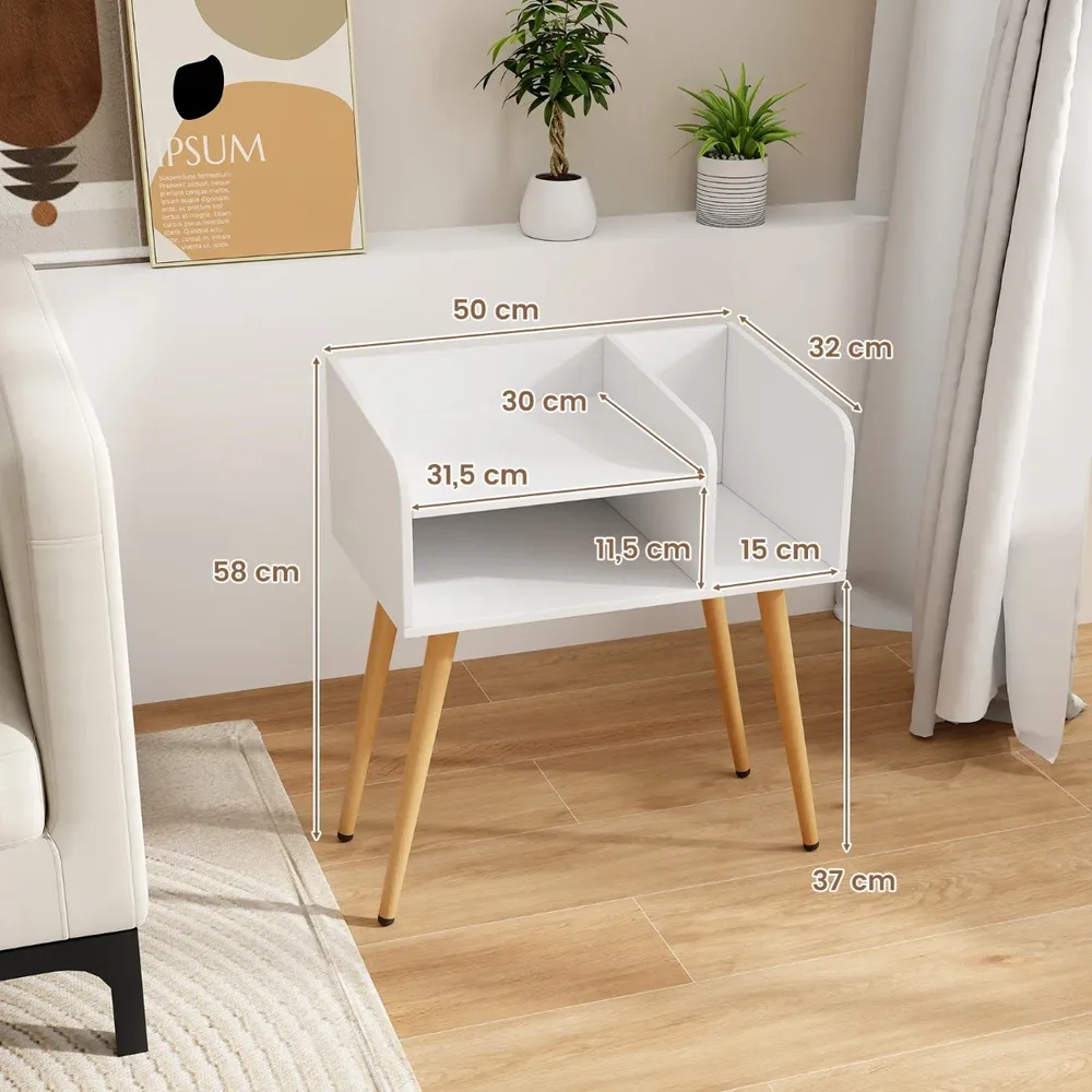 Комплект от 2 нощни шкафчета на 2 нива в стил mid-century, бели, снимка 6