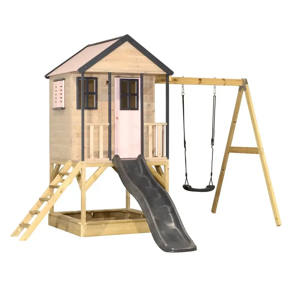 Детска къщичка за приключения Cottage House с платформа, пързалка и една люлка - Пастелно розов и сив