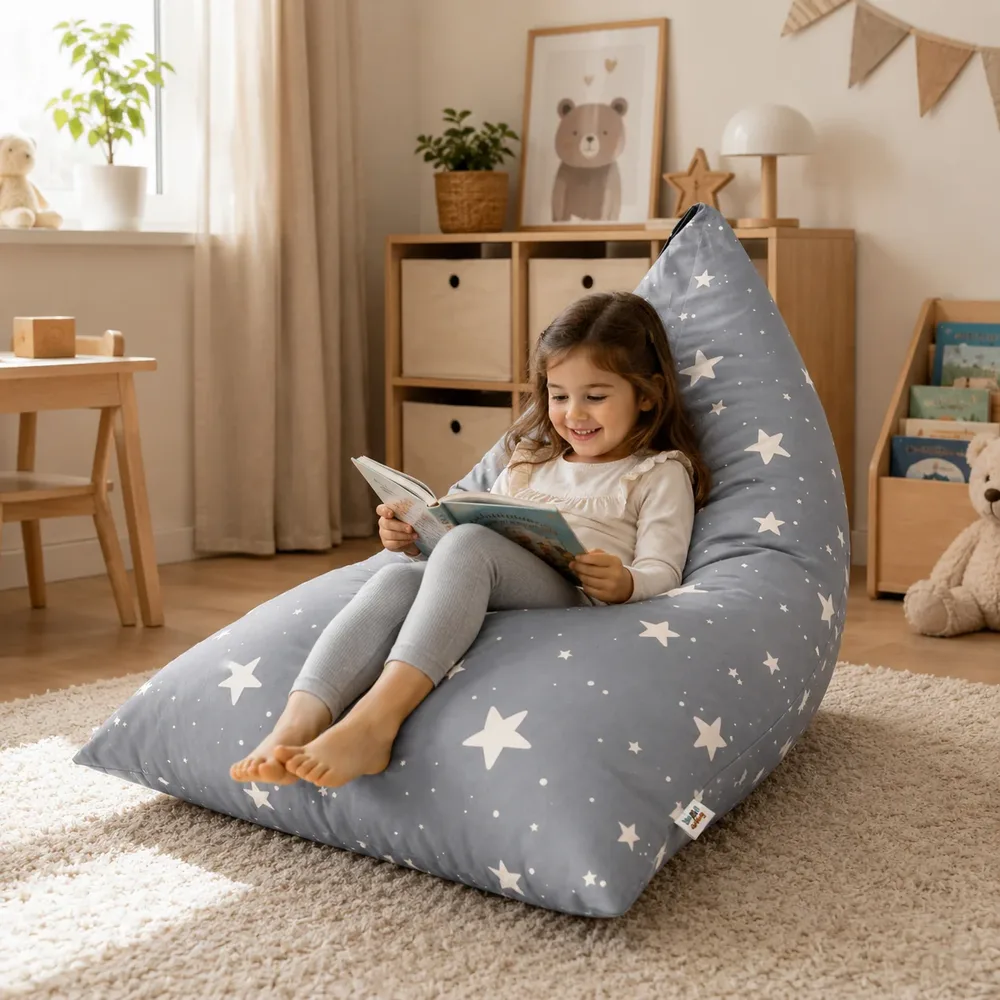 Детски пуф лежанка Little Stars, 100% памук, сив барбарон със звезди, 127x81x76 см, снимка 5