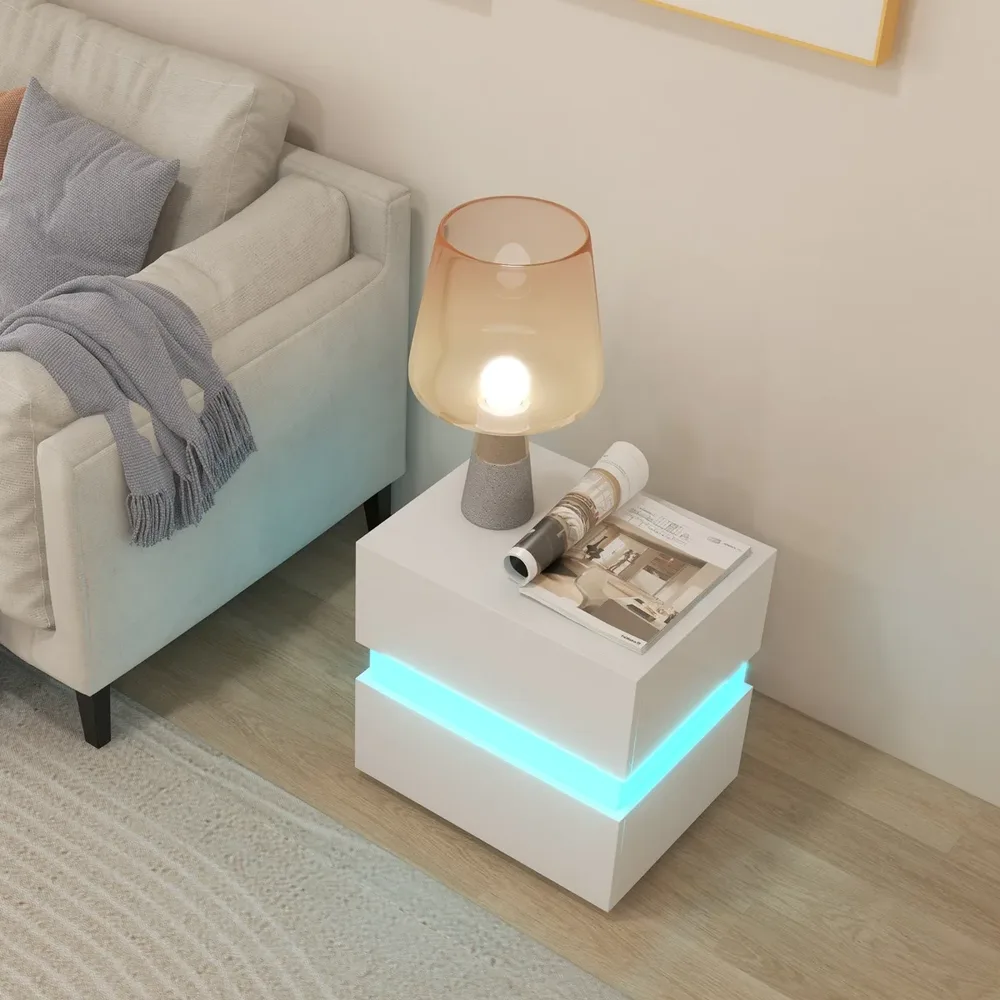 Нощно шкафче с 2 чекмеджета и LED осветление, комплект от 2, бели, снимка 5