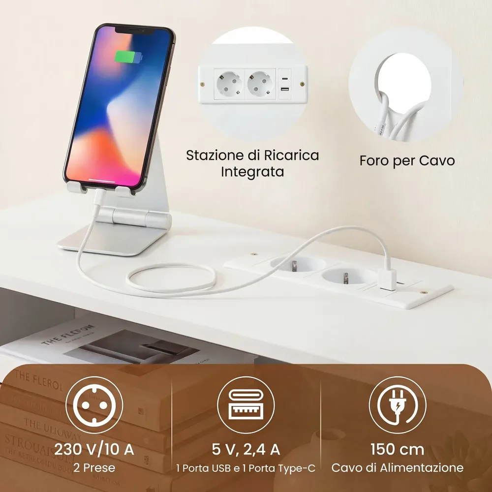 Конзолна маса на 3 нива с LED осветление и станция за зареждане, 100 × 20 × 86,5 см, бяла, снимка 2