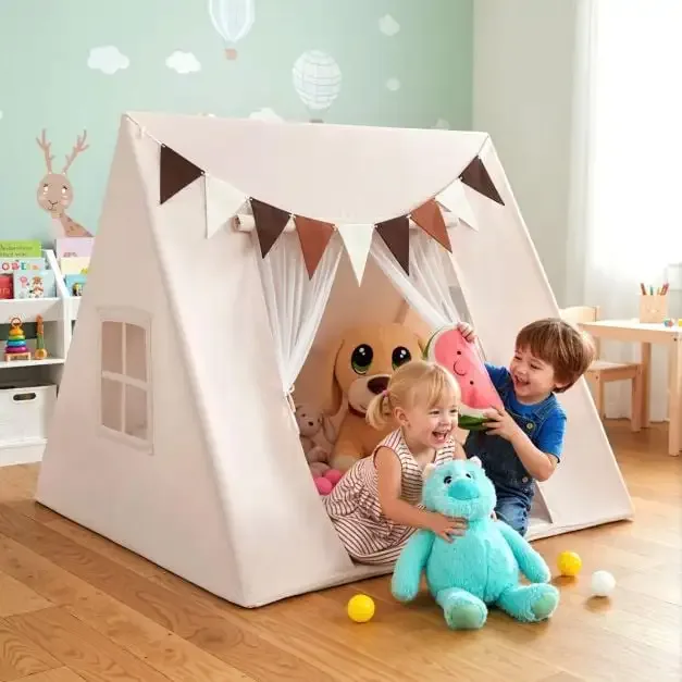 Детска палатка за игра с перяща се постелка и гирлянд от флагчета, 120 × 120 × 105 см, бежова, снимка 3