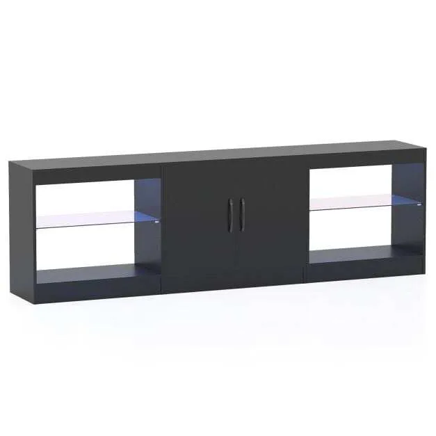 Модулен ТВ шкаф за телевизори до 85 инча с LED осветление и стъклени рафтове, черен