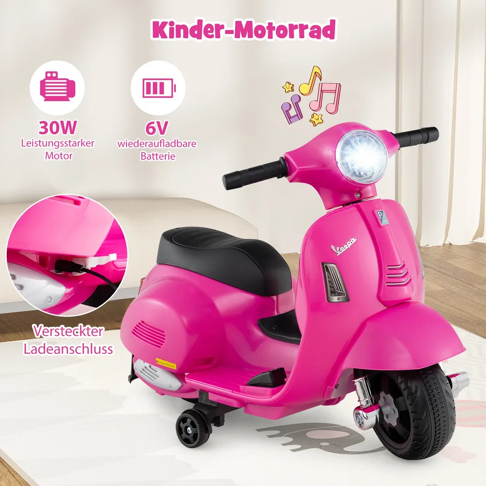 Детски електрически мотор Vespa 6V с LED фар и помощни колела, розов, снимка 3