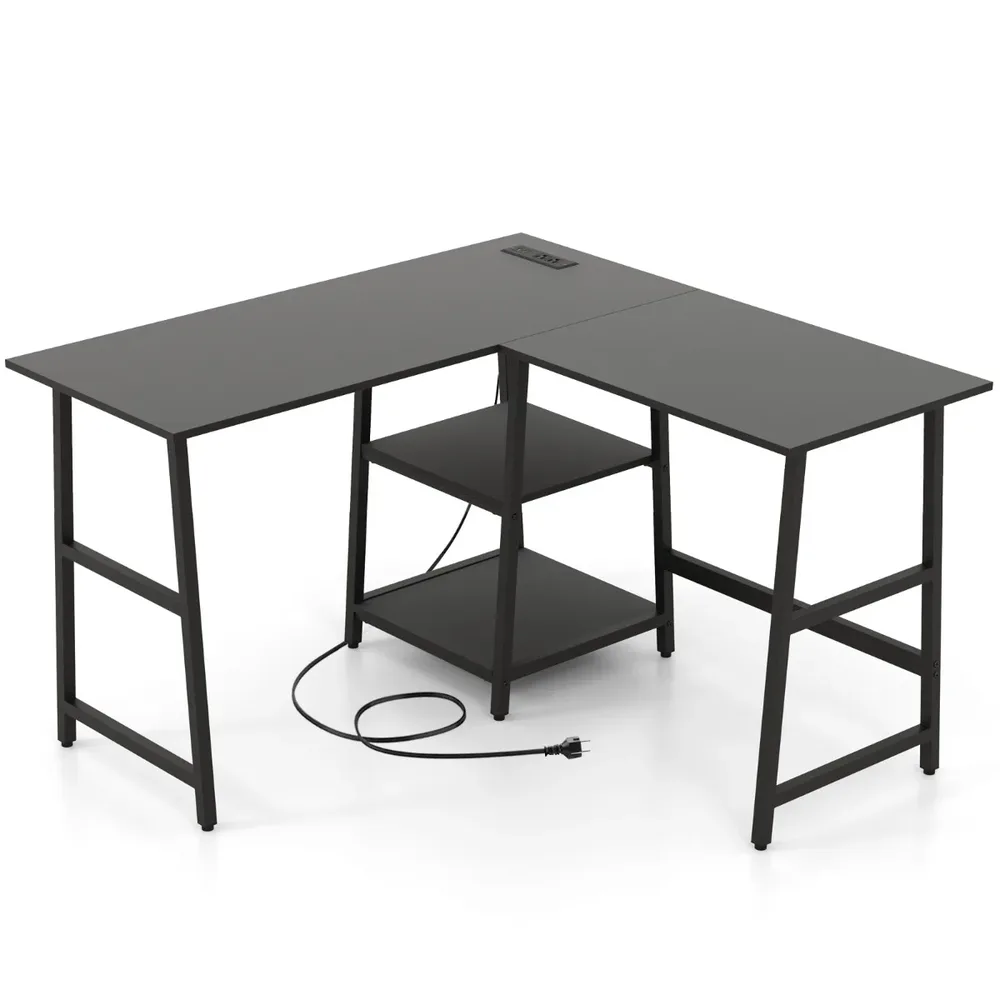 L-образно ъглово бюро с контакти и USB портове 120 × 120 × 75 см, черно