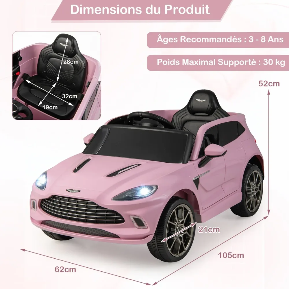Детска електрическа кола Aston Martin 12V с дистанционно, музика и LED светлини, розова, снимка 7