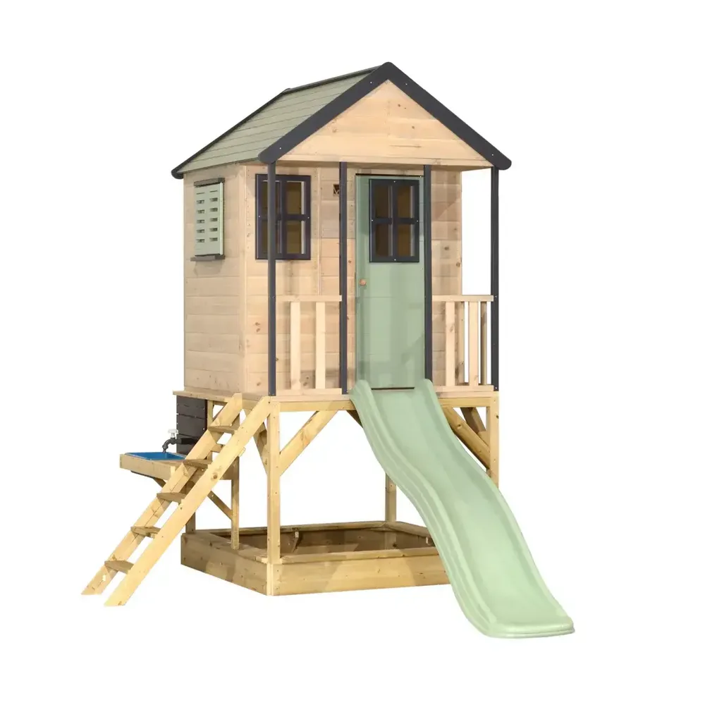 Детска къщичка за приключения Cottage House с платформа, пързалка и кухня - Пастелно зелен