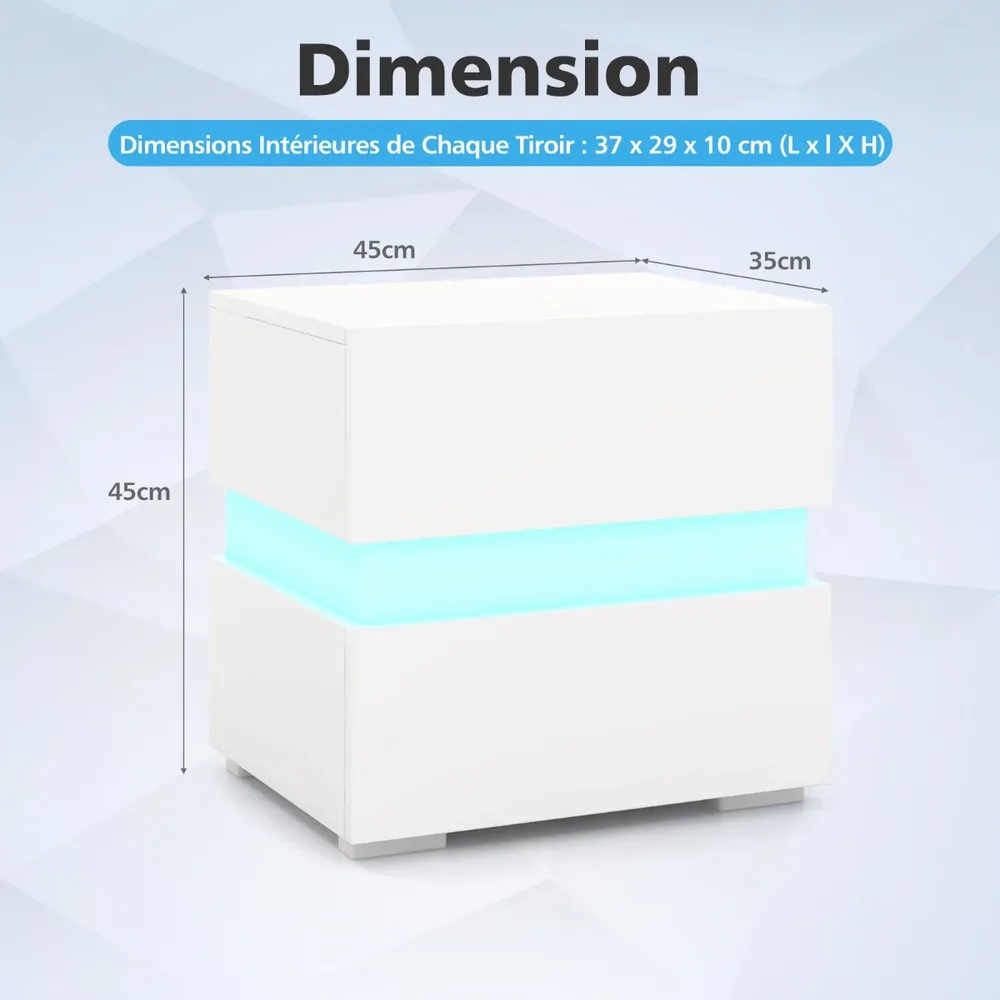 Нощно шкафче с 2 чекмеджета и LED осветление, комплект от 2, бели, снимка 7