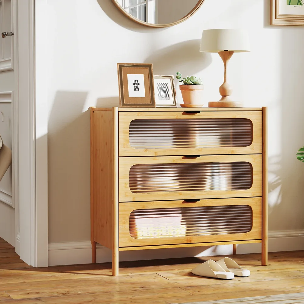 Скрин в стил mid-century с 3 чекмеджета, бамбук и рифлено стъкло, натурален, снимка 2
