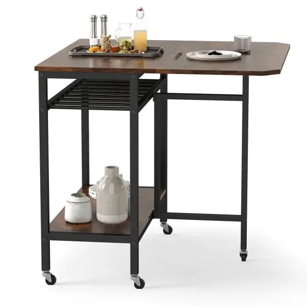 Сгъваема кухненска маса на колелца с отворен рафт, 80 × 75 × 75 см, рустик кафява, снимка 4