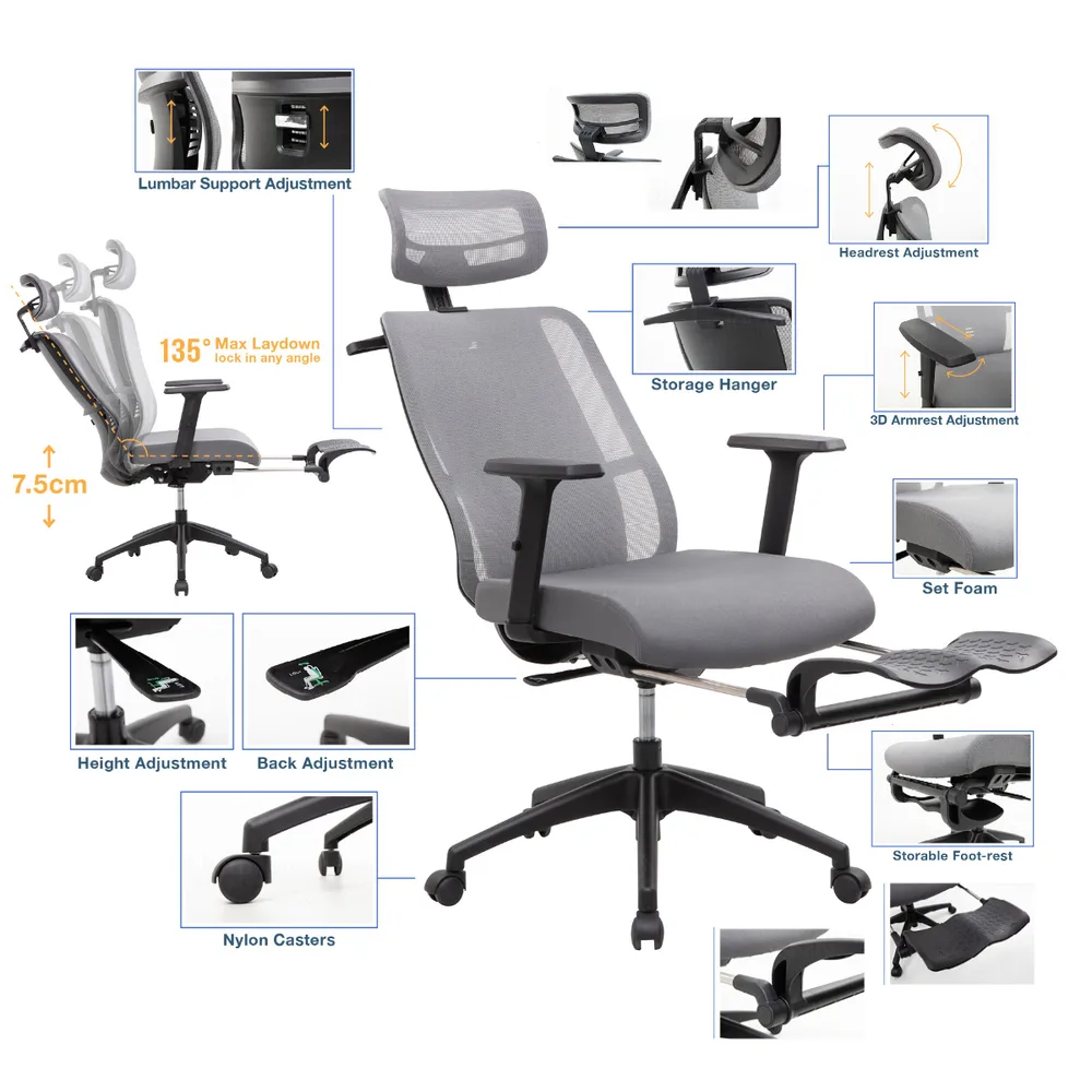 Работен стол Zeron HR Grey Mesh, снимка 2