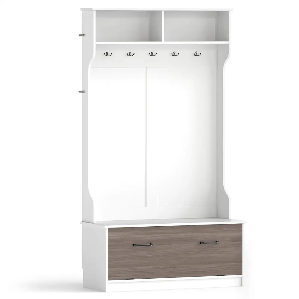 Мебел за антре със закачалка, 2 отделения за обувки, отворен рафт и 5 куки, бяла