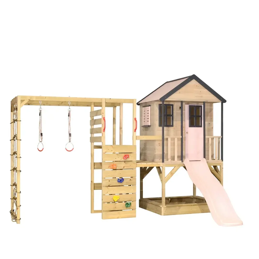 Детска къщичка за приключения Cottage House с платформа, пързалка и фитнес - Пастелно розов
