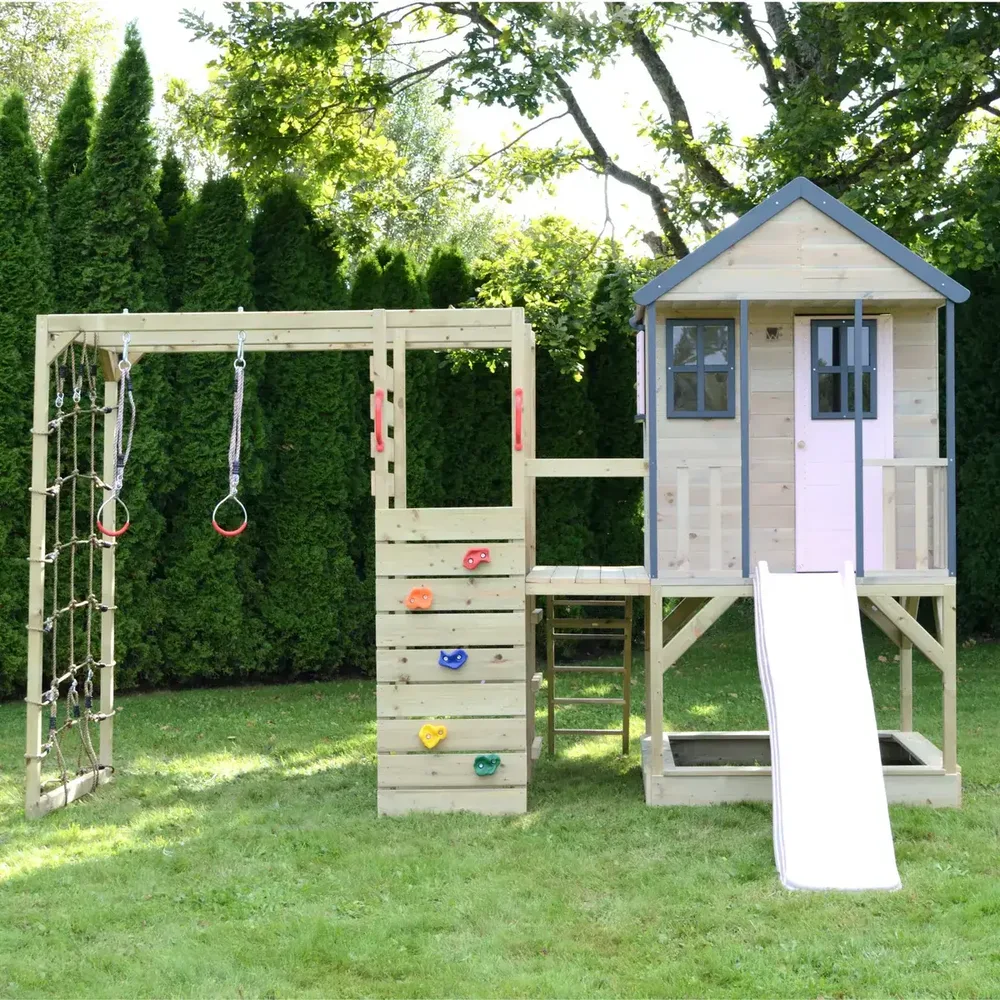 Детска къщичка за приключения Cottage House с платформа, пързалка, фитнес и кухня - Пастелно зелен, снимка 4