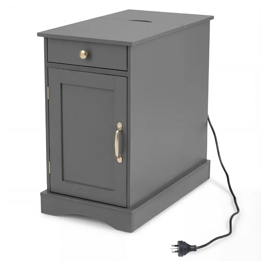 Нощно шкафче с контакти, чекмедже, шкаф с врата и Type-C порт, 60 × 35 × 62 см, сиво