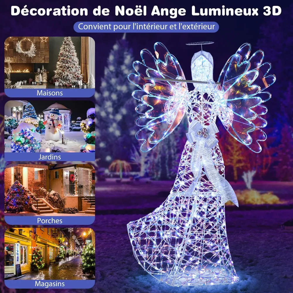 Светещ 3D коледен ангел с флейта и искрящ ореол, 158 см, 250 LED светлини, бял, снимка 8
