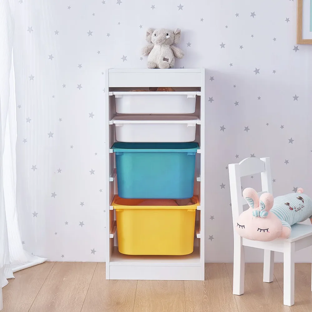 Детски шкаф, етажерка за играчки с 4 кутии за съхранение, бял, снимка 4