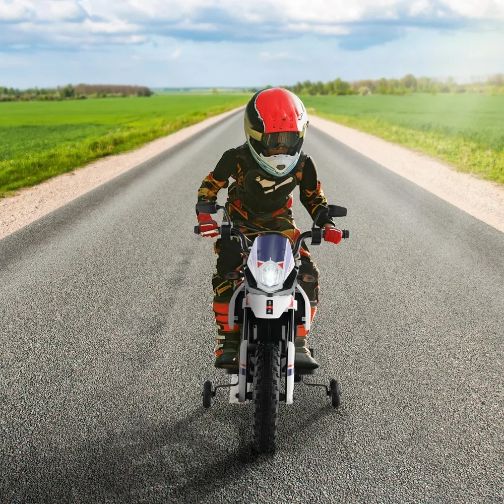 Детски електрически мотор Aprilia 12V с помощни колела, музика и фар, бял, снимка 6