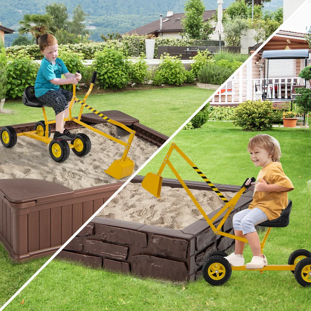 Детски багер за пясък с двойно управление, гъвкава лопата и 4 колелца, жълт, снимка 3