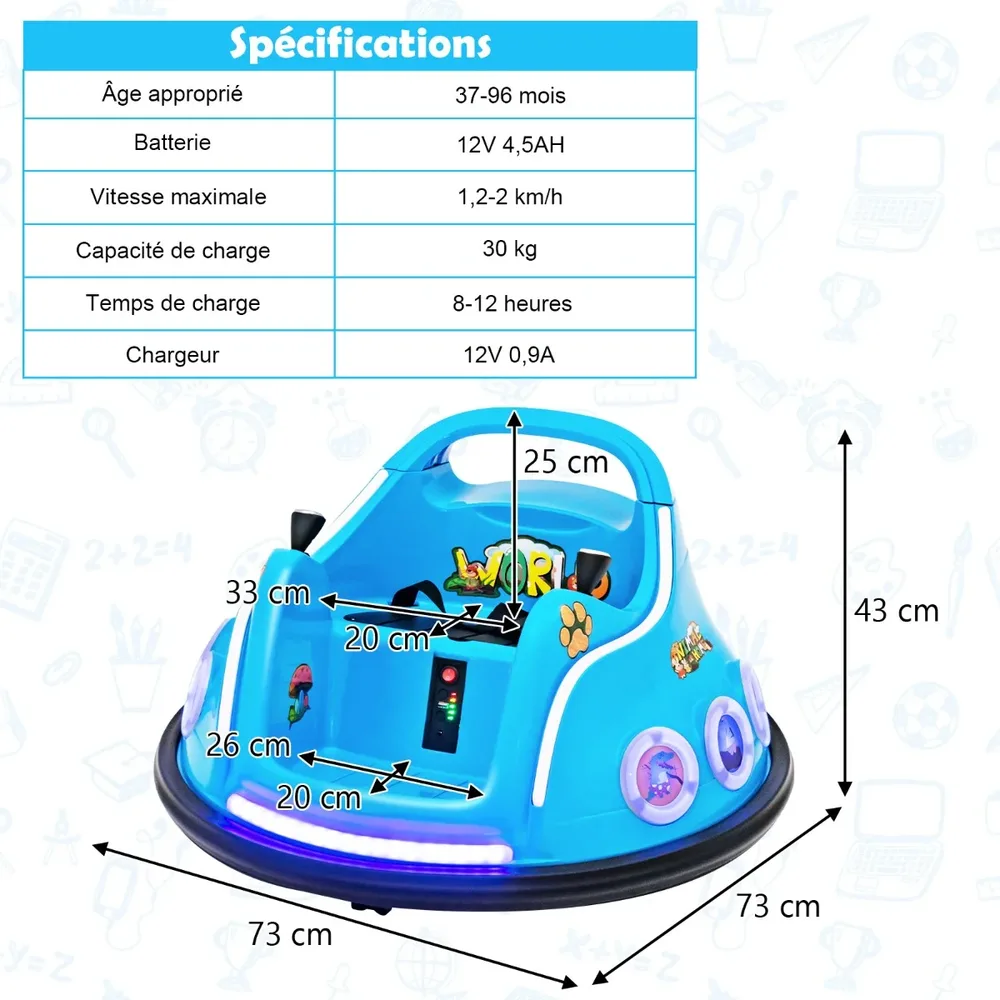 Детска електрическа бъмпер кола 12V с въртене на 360°, музика, светлини и дистанционно, синя, снимка 2