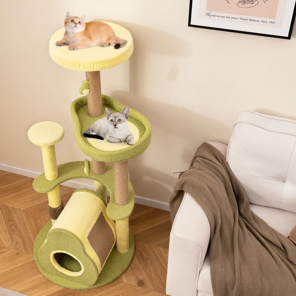Свободностоящо дърво за котки с платформа във формата на авокадо и къщичка, зелено, снимка 3