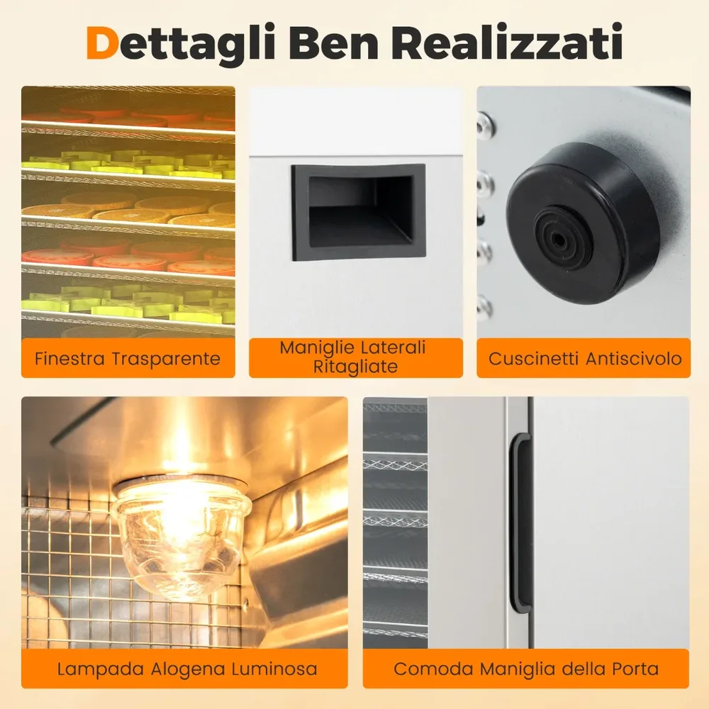 Дехидратор за храна 850 W с 8 тави от неръждаема стомана, таймер 48 ч, 35–75 °C, сребрист, снимка 4