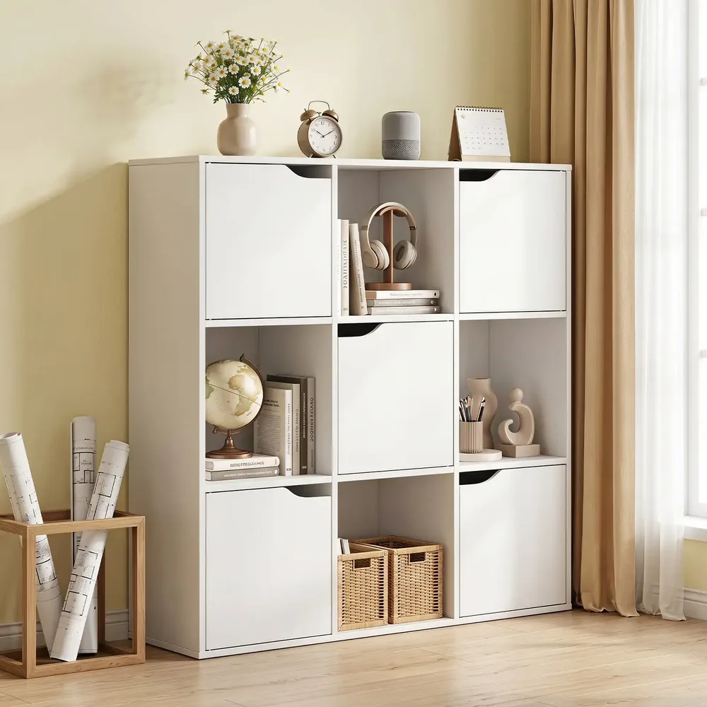 Дървена етажерка с 9 отделения, 5 от тях с вратички, 90 × 29 × 90 см, бяла, снимка 5