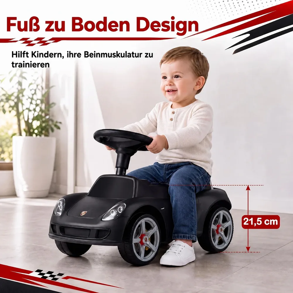 Детска кола за каране с краката Porsche с клаксон и звукови бутони, черна, снимка 7