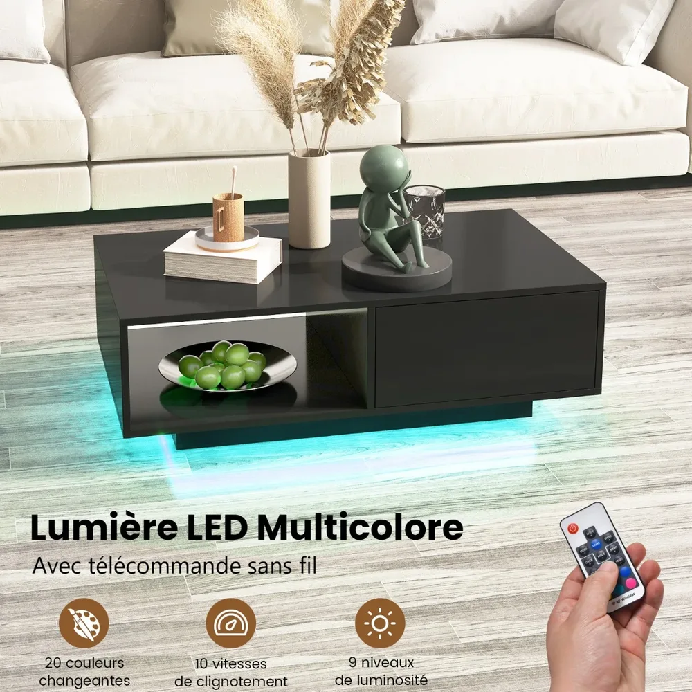 Холна маса с LED осветление в 20 цвята, чекмедже и отделение, 95 × 55 × 31 см, черна, снимка 4