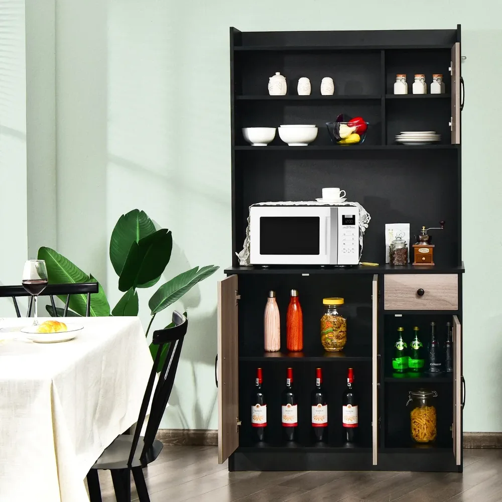 Кухненски бюфет с надстройка, 4 врати и чекмедже, 100 × 40 × 180 см, черен и бял, снимка 6