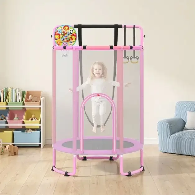 Детски батут 6 в 1 със защитна мрежа и поцинкована рамка, 140 × 140 × 214 см, лилав, снимка 7
