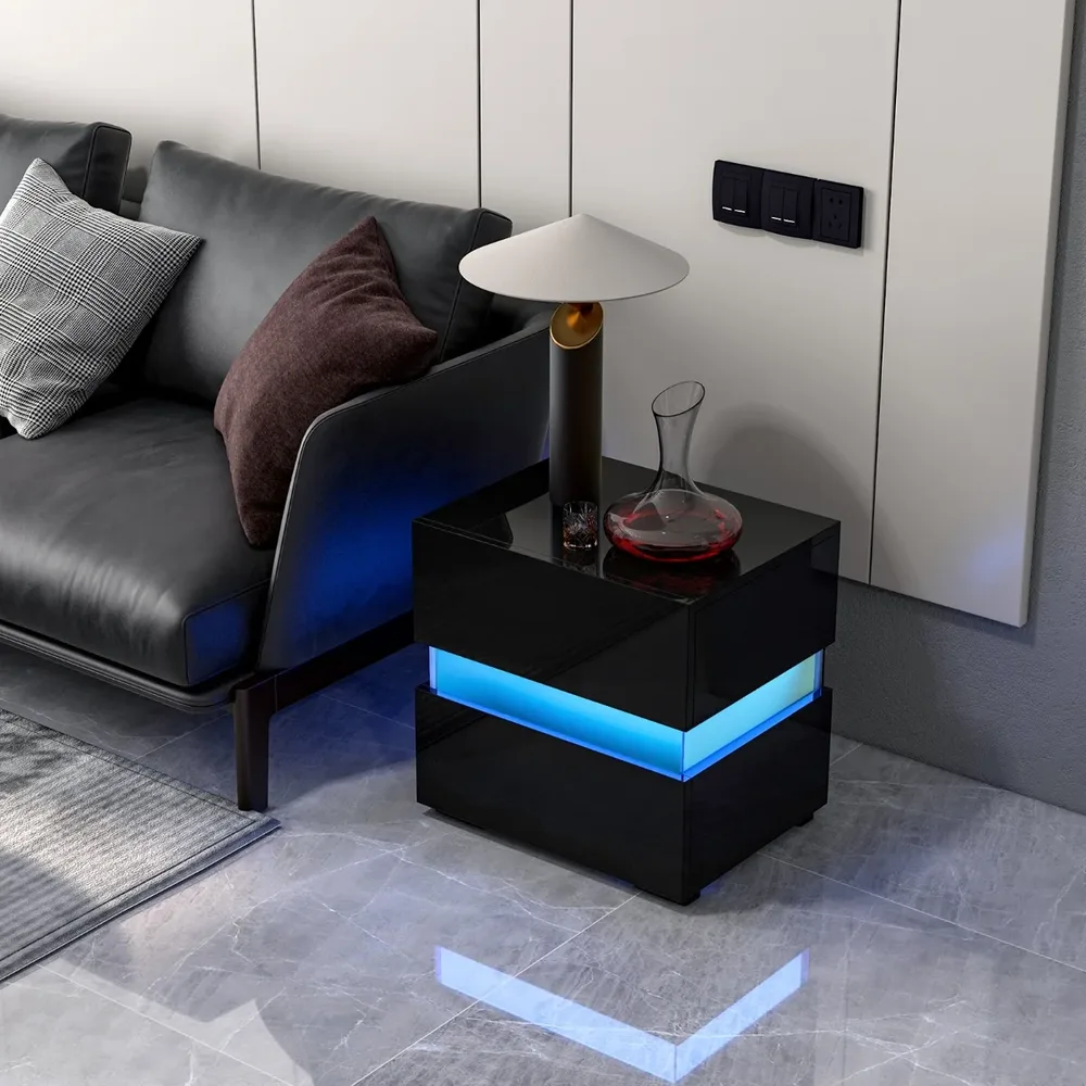 Комплект от 2 нощни шкафчета с LED осветление, 2 чекмеджета и висок гланц, черни, снимка 8
