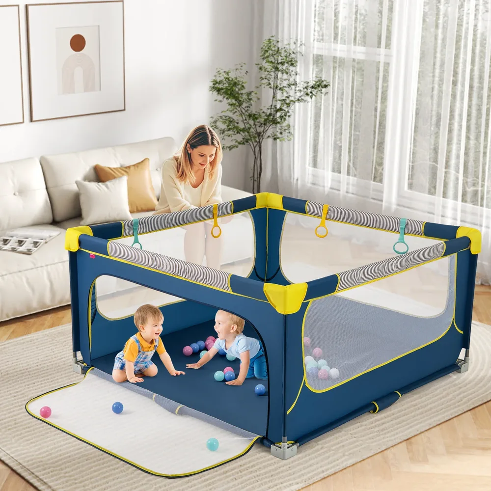 Сгъваема бебешка кошара 150 × 150 см с 50 топки, 4 халки и врата с цип, синя, снимка 4