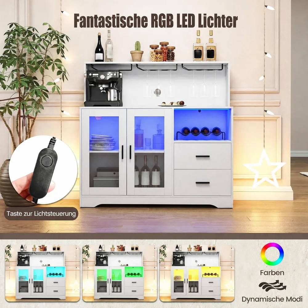 Бюфет с отворени отделения, контакти и LED осветление, 120 × 40 × 115,5 см, бял, снимка 5