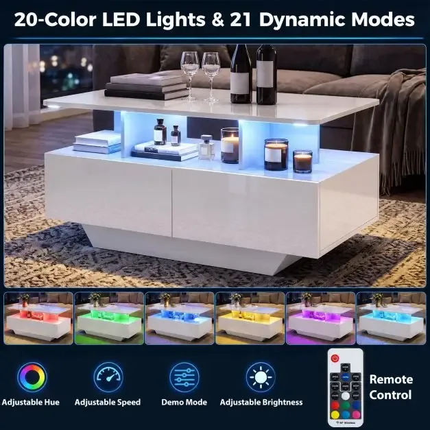 Холна маса 90 см с LED осветление в 20 цвята и 2 чекмеджета, бяла, снимка 3