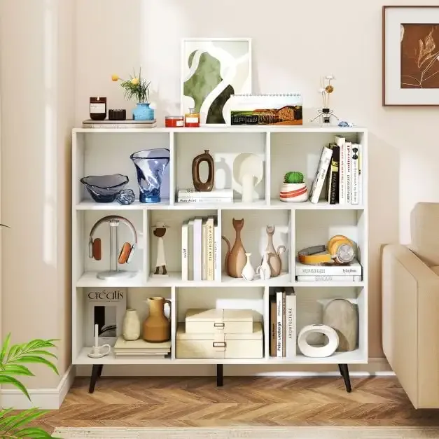 Етажерка с 10 кубични отделения и 5 конусовидни метални крака, 120 × 24 × 107 см, бяла, снимка 2