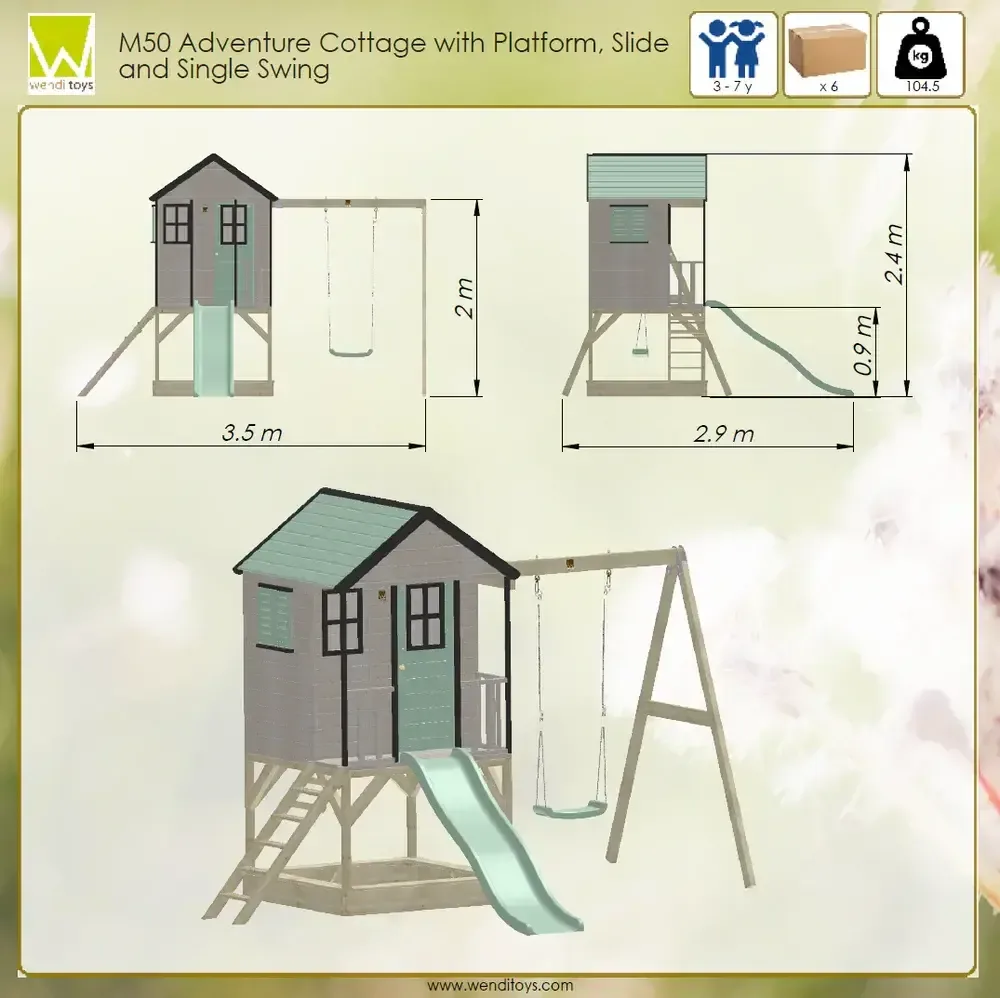 Детска къщичка за приключения Cottage House с платформа, пързалка и една люлка - Пастелно зелен и сив, снимка 6