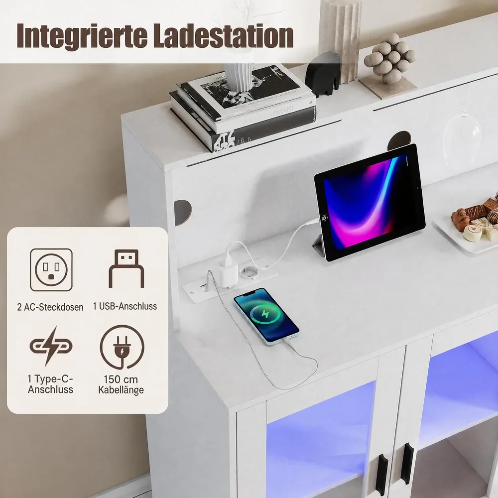 Бюфет с отворени отделения, контакти и LED осветление, 120 × 40 × 115,5 см, бял, снимка 7