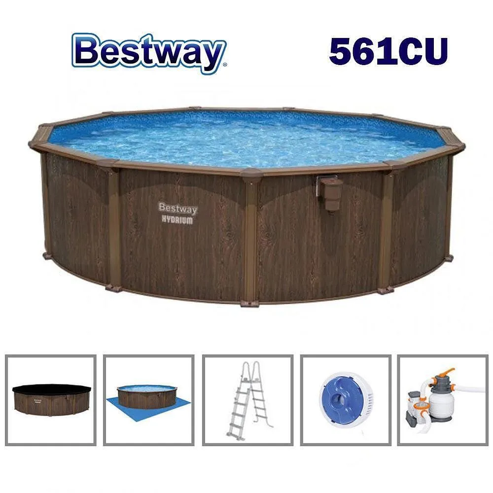 Басейн с твърди страници и конструкция, 490 × 130 см, Bestway 561CU Hydrium, с филтърна помпа, стълба, подложка, покривало и диспенсър