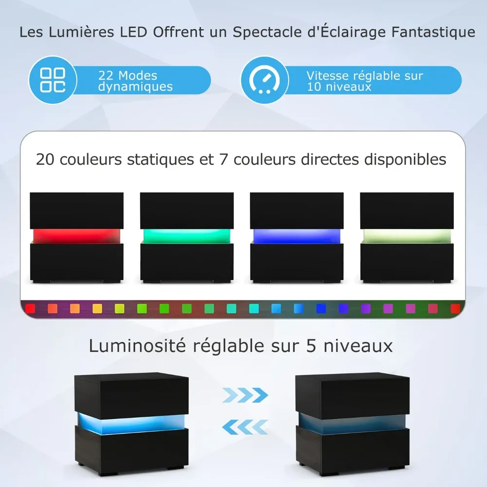 Комплект от 2 нощни шкафчета с LED осветление, 2 чекмеджета и висок гланц, черни, снимка 2