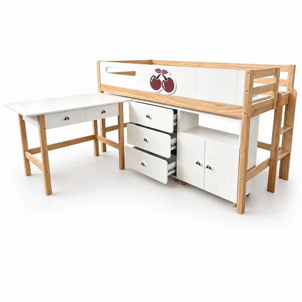 Детско комбинирано легло CHERRY с бюро, скрин, шкаф и подматрачна рамка, 90x200 см