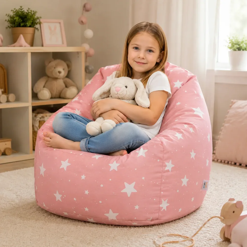 Детски пуф кресло Little Stars, 100% памук, розов барбарон със звезди, 55x44x55 см, снимка 8