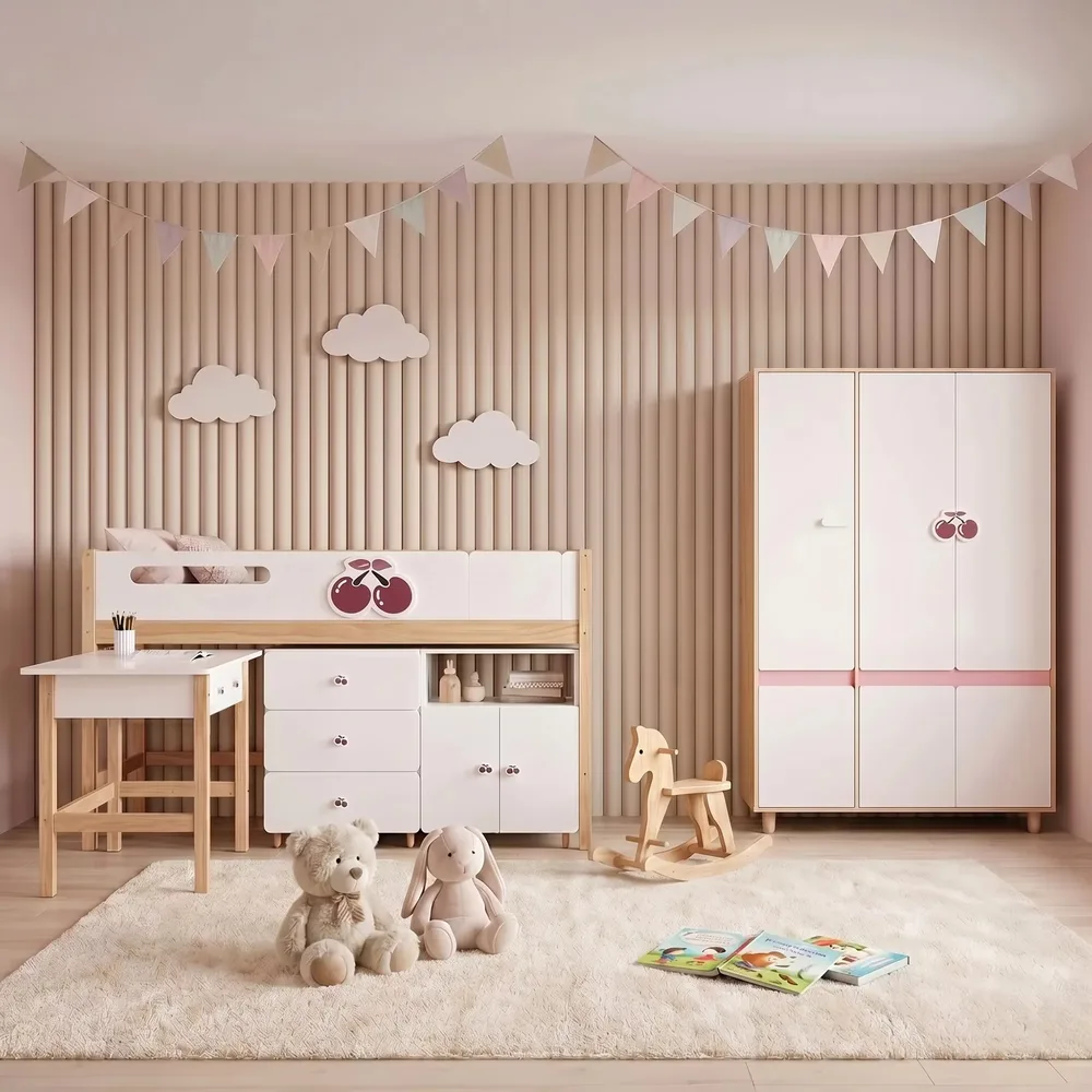 Комплект детска стая CHERRY с комбинирано легло 90x200 см, бюро, скрин, шкаф и трикрилен гардероб, бяло, розово и натурално дърво