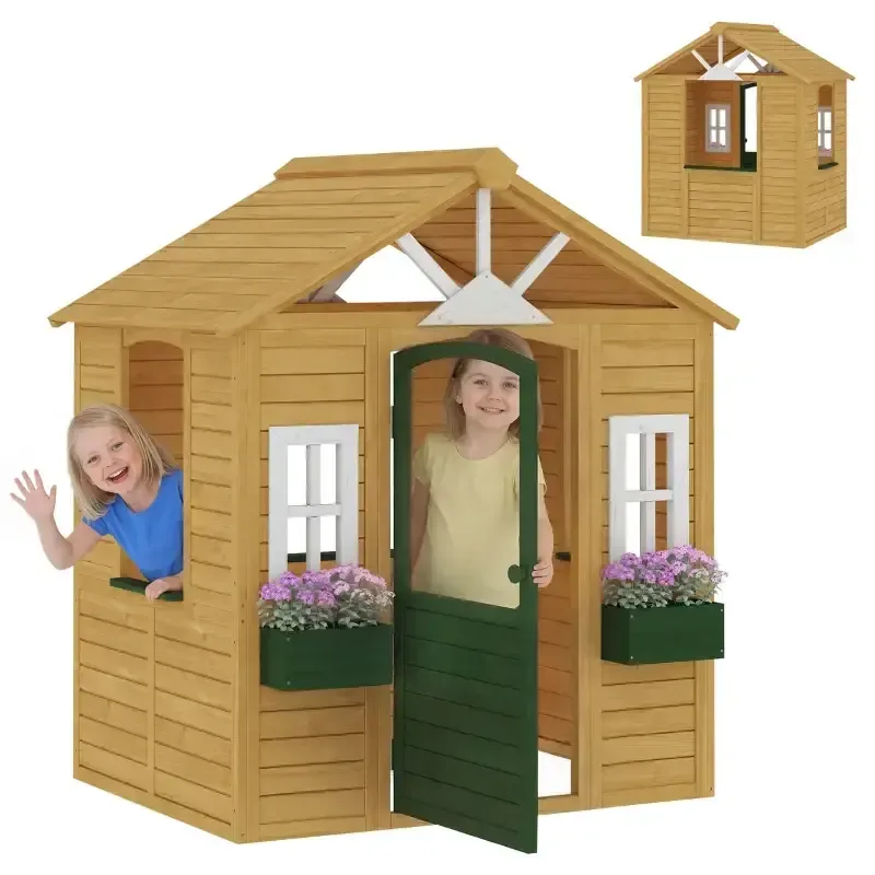 Дървена детска къщичка за игра - 134,5 × 97 × 150 см, кафява, снимка 2