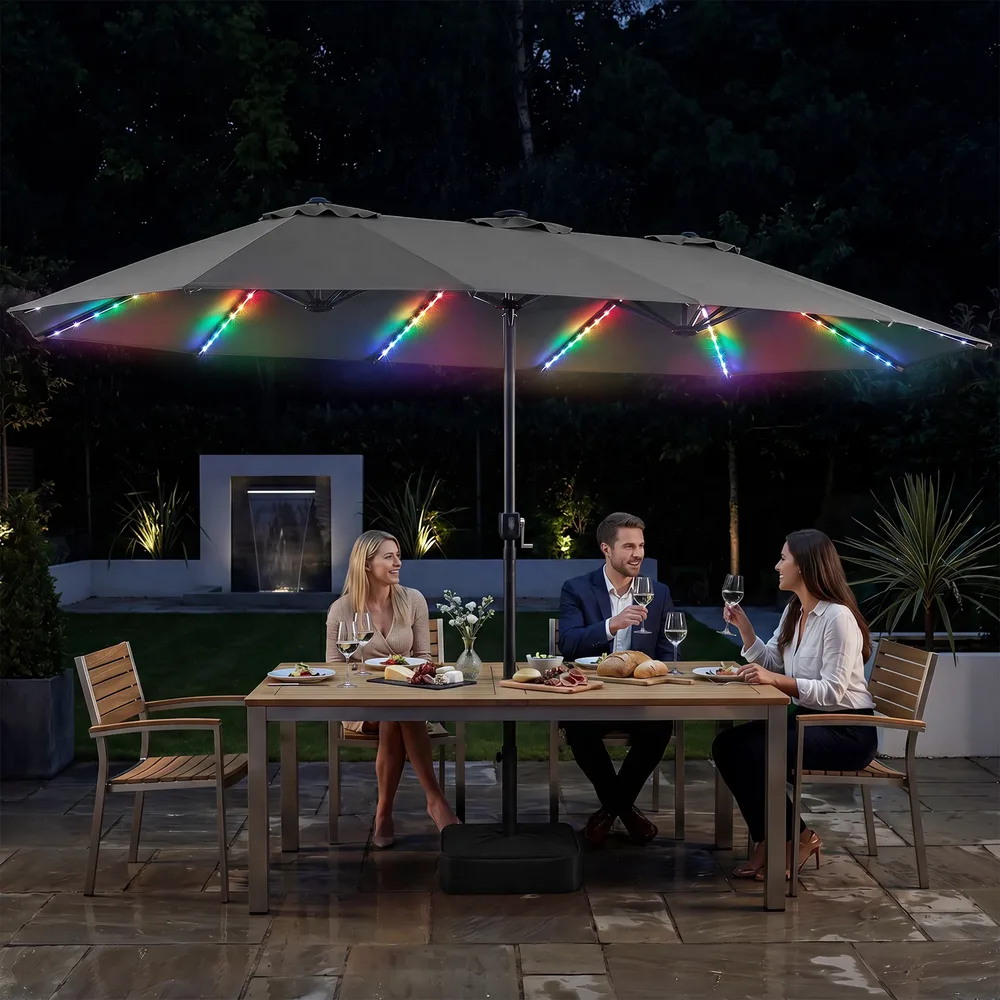 Двустранен градински чадър със 144 соларни LED светлини, 470 × 288 см, с основа, сив, снимка 5
