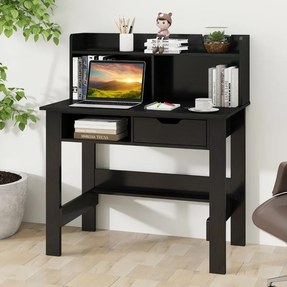 Компютърно бюро с контакти и надстройка, 95 × 56 × 109,5 см, черно, снимка 4