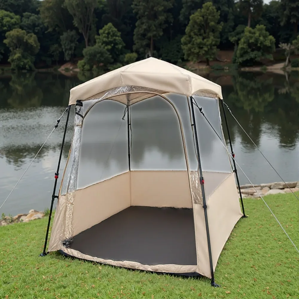 Pop-up спортна палатка с прозрачен PVC купол за риболов и къмпинг, 160 см, кафява, снимка 2