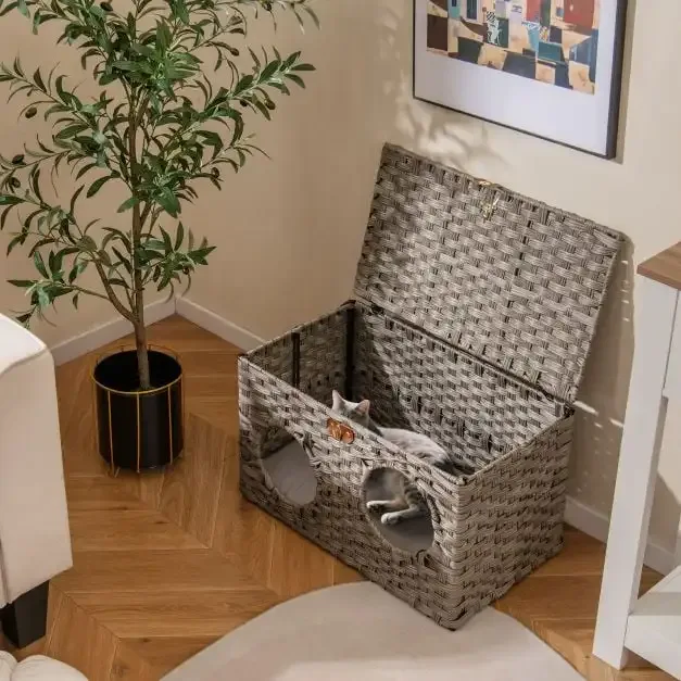 Сгъваема къщичка за котки от ратан с възглавница, 60 × 35 × 35 см, сива, снимка 3